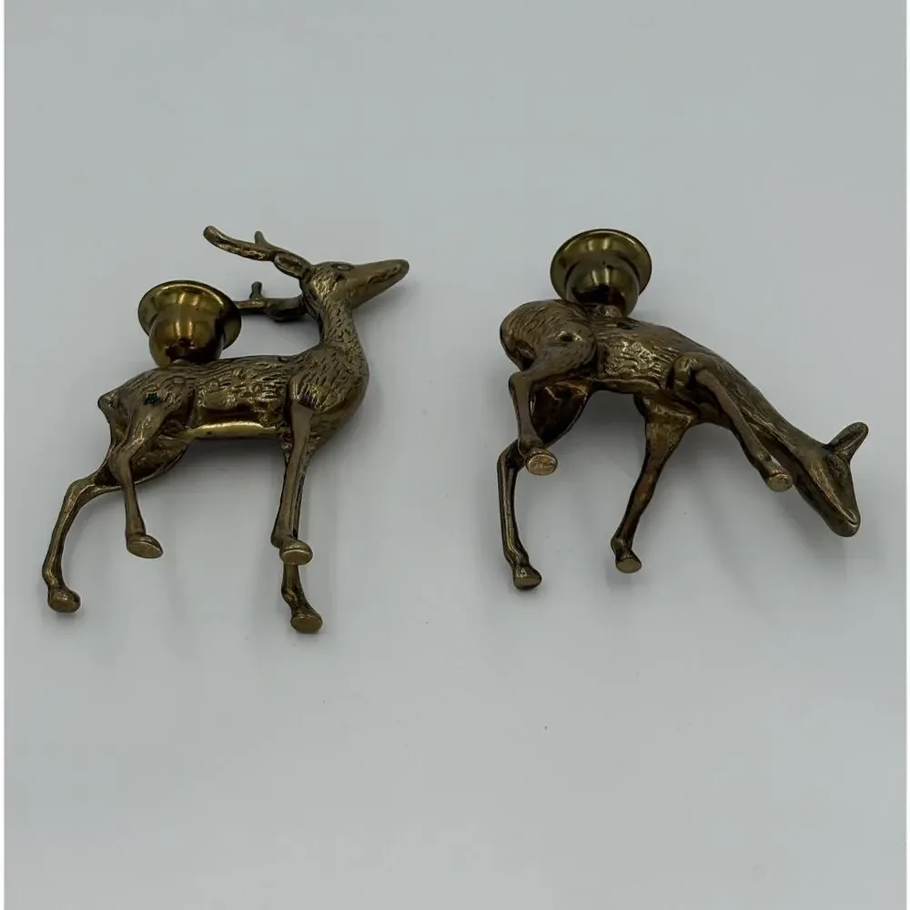 Solid Brass Stag Buck and Doe Candlestick Holders Vintage Holiday Figurines